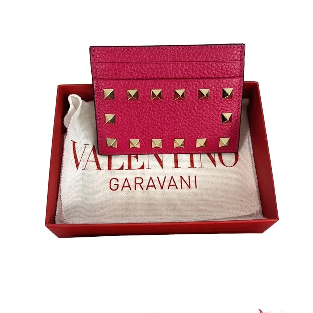 VALENTINO GARAVANI Rockstud Leather Cardholder Pink NEW